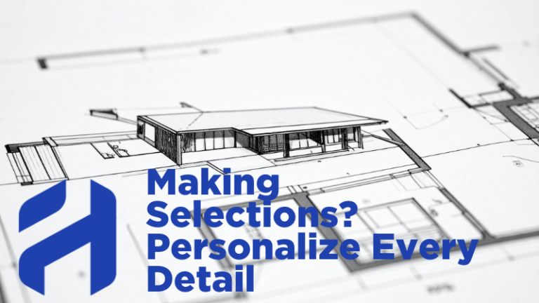 a floorplan with a blog summary (making selections? personalize every detail) in the foreground