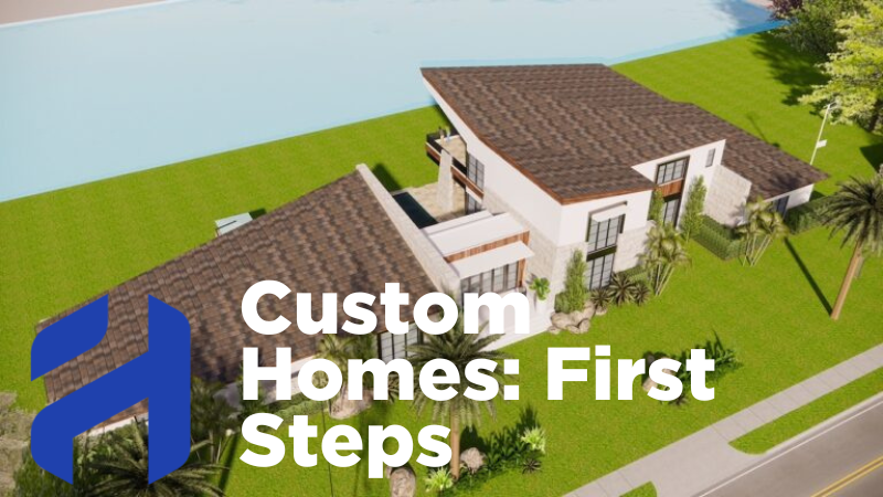 an aerial rendering of a custom home with Custom Homes: First Steps in the foreground