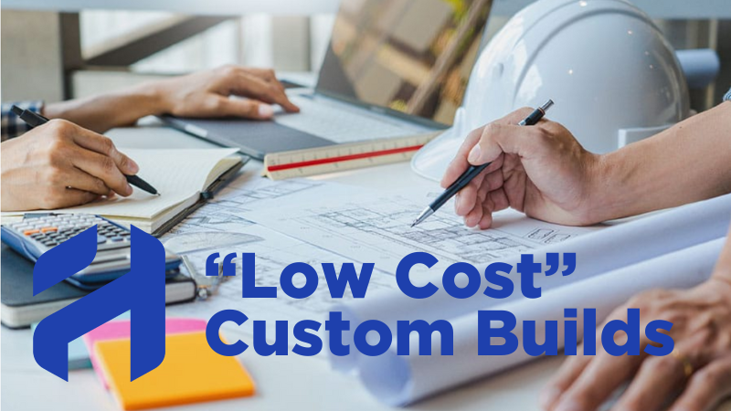 people determining costs of a building project with a title teaser "Low Cost Custom Builds?" in the foreground